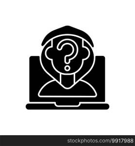 Anonymous cyberbullying black glyph icon. Cyberharassment anonymity. Social media account privacy. Users private profile. Silhouette symbol on white space. Vector isolated illustration. Anonymous cyberbullying black glyph icon