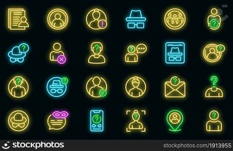 Anonymous icons set. Outline set of anonymous vector icons neon color on black. Anonymous icons set vector neon