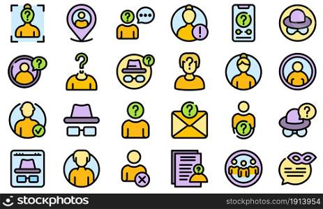Anonymous icons set. Outline set of anonymous vector icons thin line color flat isolated on white. Anonymous icons set line color vector