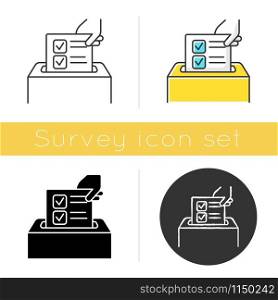 Anonymous survey icon. Ballot box. Feedback form. Opinion polling. Social research. Voting. Data collection. Sociology. Glyph design, linear, chalk and color styles. Isolated vector illustrations