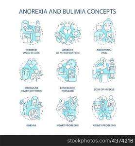 Anorexia and bulimia nervosa turquoise concept icons set. Eating disorders idea thin line color illustrations. Isolated outline drawings. Editable stroke. Roboto-Medium, Myriad Pro-Bold fonts used. Anorexia and bulimia nervosa turquoise concept icons set