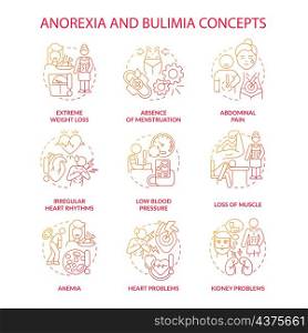Anorexia and bulimia red gradient concept icons set. Mental and physical health problems idea thin line color illustrations. Isolated outline drawings. Roboto-Medium, Myriad Pro-Bold fonts used. Anorexia and bulimia red gradient concept icons set