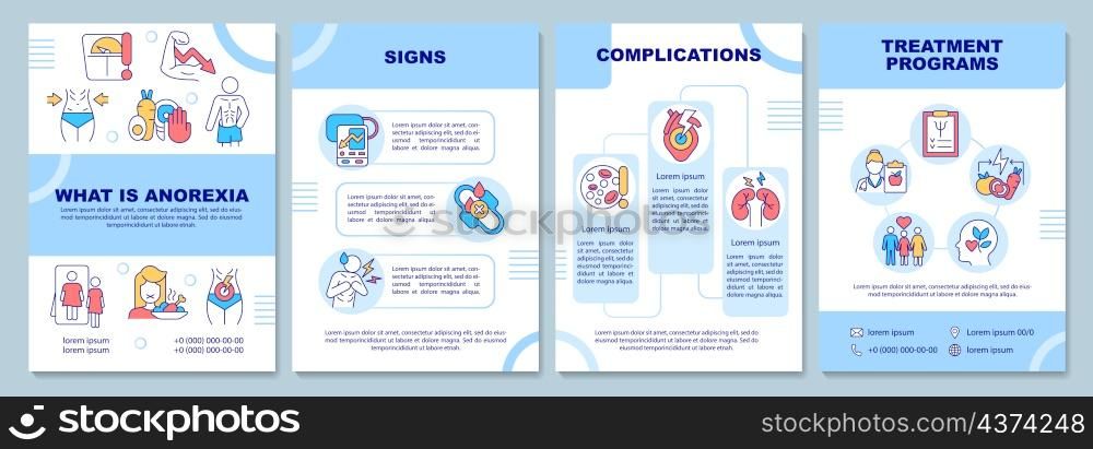 Anorexia blue brochure template. Nervosa signs and treatment. Booklet print design with linear icons. Vector layouts for presentation, annual reports, ads. Arial-Black, Myriad Pro-Regular fonts used. Anorexia blue brochure template