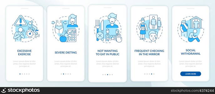 Anorexia mental symptoms blue onboarding mobile app screen. Severe diet walkthrough 5 steps graphic instructions pages with linear concepts. UI, UX, GUI template. Myriad Pro-Bold, Regular fonts used. Anorexia mental symptoms blue onboarding mobile app screen