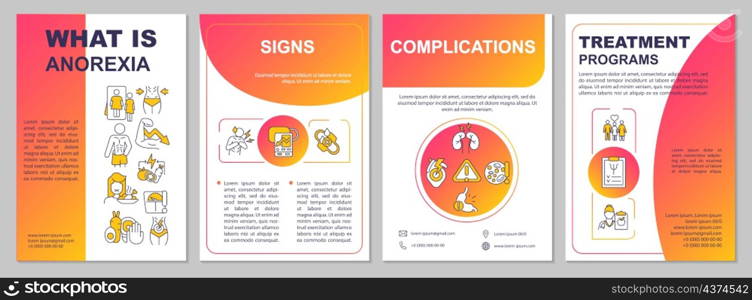 Anorexia red gradient brochure template. Health complications. Booklet print design with linear icons. Vector layouts for presentation, annual reports, ads. Arial, Myriad Pro-Regular fonts used. Anorexia red gradient brochure template