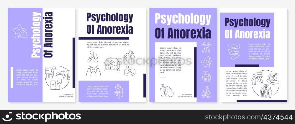 Anorexia risk factors purple brochure template. Behavior disorder. Booklet print design with linear icons. Vector layouts for presentation, annual report, ads. Anton-Regular, Lato-Regular fonts used. Anorexia risk factors purple brochure template