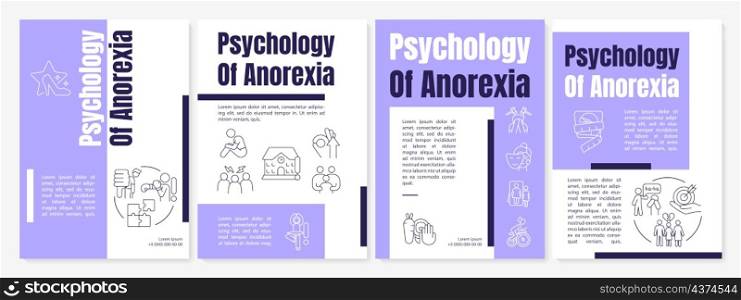 Anorexia risk factors purple brochure template. Behavior disorder. Booklet print design with linear icons. Vector layouts for presentation, annual report, ads. Anton-Regular, Lato-Regular fonts used. Anorexia risk factors purple brochure template