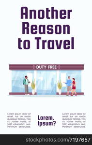 Another reason to travel poster template. Duty free shop in airport terminal. Commercial flyer design with semi flat illustration. Vector cartoon promo card. Airline services advertising invitation