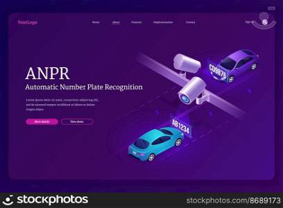ANPR technology isometric landing page. Automatic number plates recognition, car registration and speed detection. Location tracking radar and road traffic rule violation cameras 3d vector web banner. ANPR technology isometric landing page, cameras