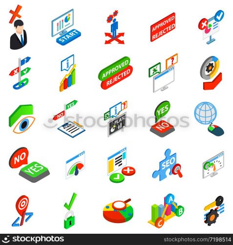Answer icons set. Isometric set of 25 answer vector icons for web isolated on white background. Answer icons set, isometric style