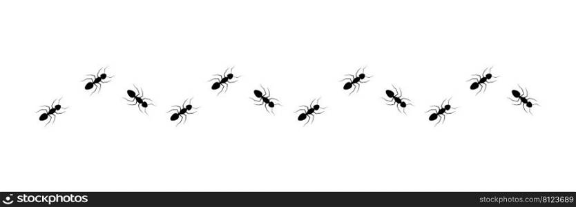 Ant trail silhouette. Line of working ants set. Black insect colony. Vector illustration isolated on white. 