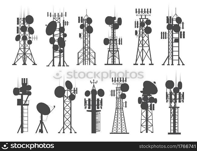 Antenna silhouettes. Cellular towers. Metal constructions set for broadcasting digital signals. Internet or radio communication receivers. Vector contour wireless analog data transmission equipment. Antenna silhouettes. Cellular towers. Constructions set for broadcasting digital signals. Internet or radio communication receivers. Vector wireless analog data transmission equipment