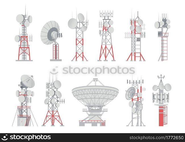 Antenna tower. Aerial wireless cellular transmitter. Telecom and radio signal receiver. Cell communication network. Isolated broadcasting equipment set. Vector digital data transmission buildings. Antenna tower. Aerial wireless cellular transmitter. Telecom and radio receiver. Cell communication network. Isolated broadcasting equipment set. Vector data transmission buildings