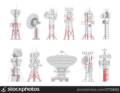Antenna tower. Aerial wireless cellular transmitter. Telecom and radio signal receiver. Cell communication network. Isolated broadcasting equipment set. Vector digital data transmission buildings. Antenna tower. Aerial wireless cellular transmitter. Telecom and radio receiver. Cell communication network. Isolated broadcasting equipment set. Vector data transmission buildings