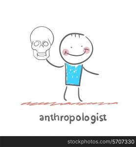 anthropologist holds skull. Fun cartoon style illustration