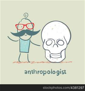 anthropologist stands next to the skull
