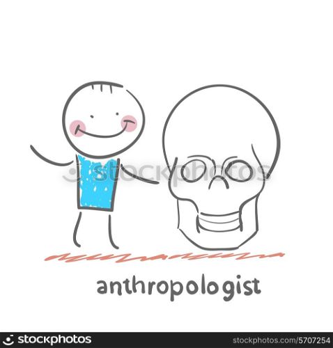 anthropologist stands next to the skull . Fun cartoon style illustration. The situation of life.