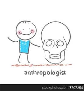 anthropologist stands next to the skull . Fun cartoon style illustration. The situation of life.