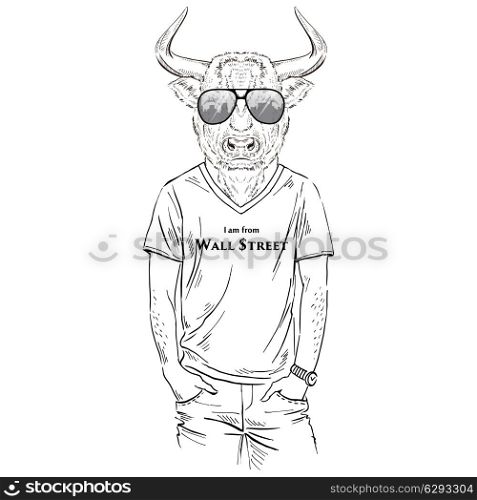 anthropomorphic design. fashion illustration of bull dressed up in t-shirt