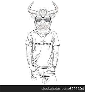 anthropomorphic design. fashion illustration of bull dressed up in t-shirt