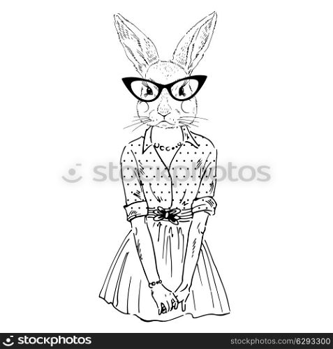 anthropomorphic design. fashion illustration of bunny girll dressed up in hipster style