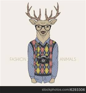 anthropomorphic design. fashion illustration of deer dressed up in hipster style
