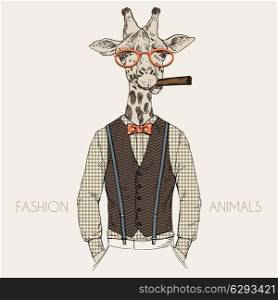 anthropomorphic design. fashion illustration of giraffel dressed up in retro style