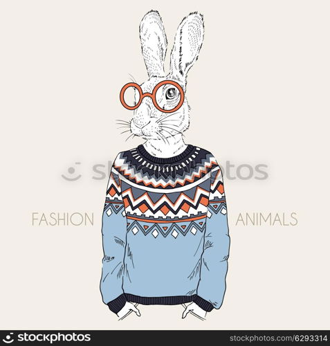 anthropomorphic design. fashion illustration of hare dressed up in jacquard pullover