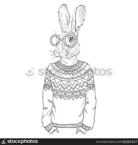 anthropomorphic design. fashion illustration of hare dressed up in jacquard pullover