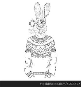 anthropomorphic design. fashion illustration of hare dressed up in jacquard pullover