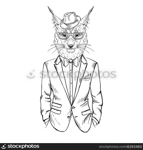 anthropomorphic design. fashion illustration of lynx dressed up in tuxedo