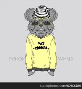 anthropomorphic design. fashion illustration of mouse dressed up in city urban style