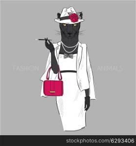 anthropomorphic design. fashion illustration of panther girll dressed up in classy style