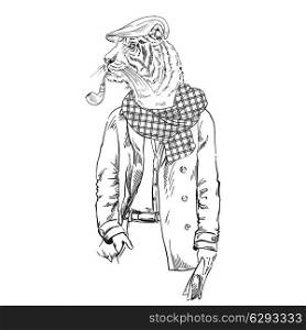 anthropomorphic design. fashion illustration of tiger dressed up in trenchcoat