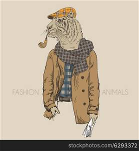 anthropomorphic design. fashion illustration of tiger dressed up in trenchcoat