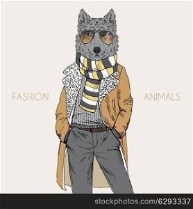 anthropomorphic design. fashion illustration of wolf dressed up in mutton coat