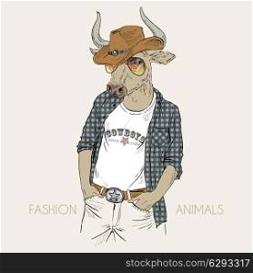 Anthropomorphic design. Hand drawn illustration of bull dressed up like cowboy