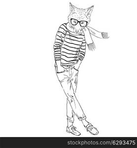 Anthropomorphic design. Hand drawn illustration of fox dressed up in casual style