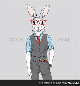 Anthropomorphic design. Hand drawn illustration of rabbit dressed up in office style