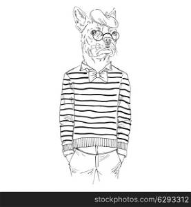 Anthropomorphic design. Hand drawn one color sketch of dressed up french bulldog isolated on white