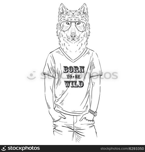 Anthropomorphic design. Hand drawn one color sketch of dressed up wolf isolated on white