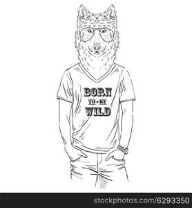 Anthropomorphic design. Hand drawn one color sketch of dressed up wolf isolated on white
