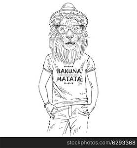 Anthropomorphic design. Hand drawn one color sketch of lion dressed up in t-shirt with quote Hakuna Matata isolated on white