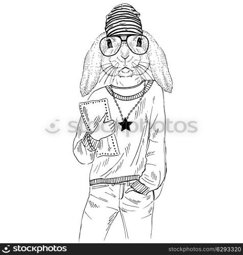 Anthropomorphic design. Illustration of bunny girl dressed up in casual style