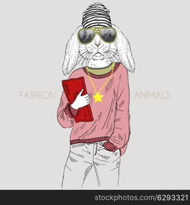 Anthropomorphic design. Illustration of bunny girl dressed up in casual style