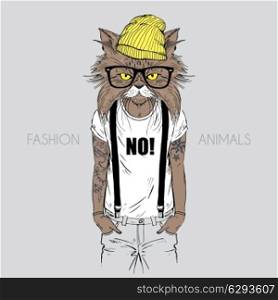 Anthropomorphic design. Illustration of cat dressed up in t-shirt with quote