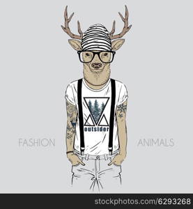 Anthropomorphic design. Illustration of deer dressed up in t-shirt with quote