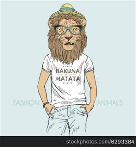 Anthropomorphic design. Illustration of lion dressed up in t-shirt with quote Hakuna Matata