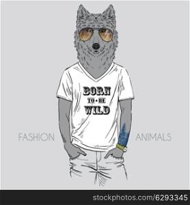 Anthropomorphic design. Illustration of wolf dressed up in t-shirt with quote