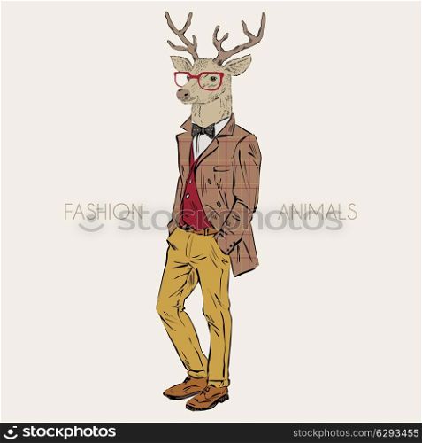 Anthropomorphic design of deer hipster. Hand drawn illustration of dressed up deer hipster